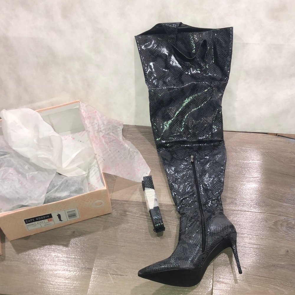 Cape Robbin Black Over-the-Knee Boots with Stiletto Heel Neon Ninja Harness New
